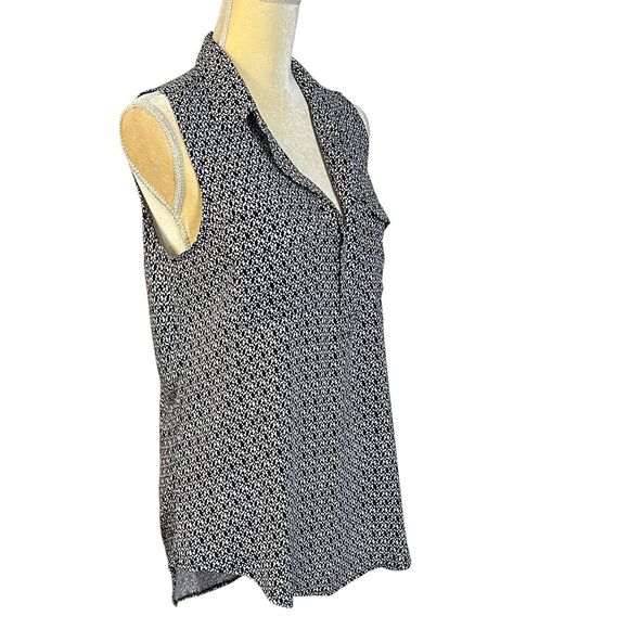 Ann Taylor LOFT Sleeveless Blouse Top Geometric Print Collared Black M Pockets - Picture 11 of 15